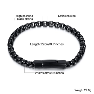 Macro detail of black stainless steel box link bracelet with 6mm width and 22cm length