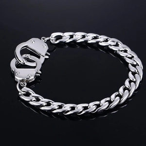 Polished silver stainless steel handcuffs bracelet with a thick Cuban chain link