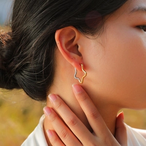 Close-up of dual-tone gold and silver star earrings on model with outdoor lighting