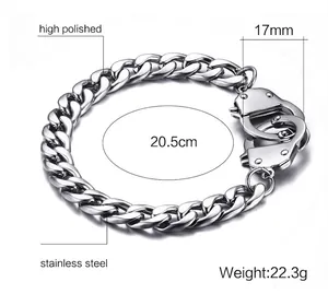 Polished 20.5cm stainless steel curb chain bracelet with unique handcuff pendant for men