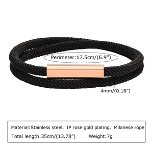 Detailed view of black Milanese rope double layer bracelet with rose gold magnetic clasp