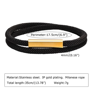 Detail of double-layer black Milan rope bracelet with golden stainless steel magnetic clasp