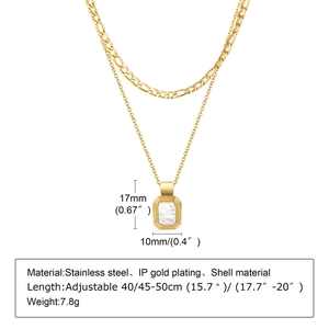 Detail of gold layered stainless steel necklace with square shell pendant measurements