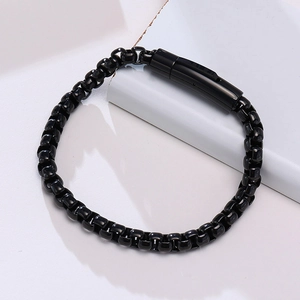 Detail shot of heavy-duty black plated stainless steel box chain bracelet with magnetic clasp