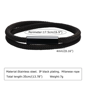 Double-layered black Milanese rope bracelet with magnetic stainless steel square clasp