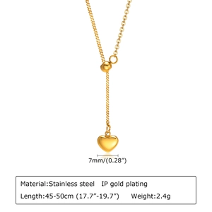 Gold plated stainless steel heart necklace with 45-50cm adjustable slider chain
