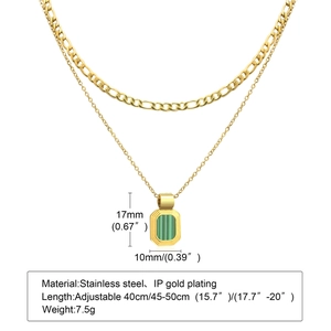Double-layered gold stainless steel necklace with green textured rectangular pendant