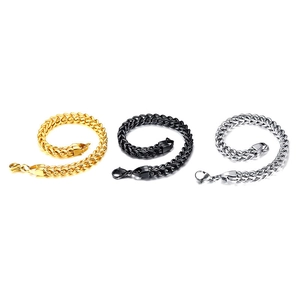 Bracelets chaîne épi en acier titane trois couleurs or, noir et argent avec fermoir mousqueton
