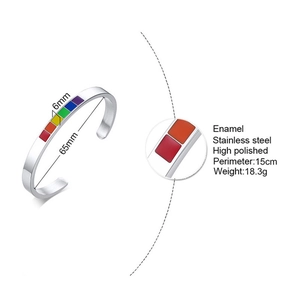 Rainbow enamel stainless steel C-shaped cuff bracelet with size and detail dimensions