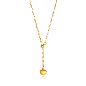 Golden titanium steel Y-necklace with polished heart pendant and adjustable slide bead