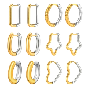 Set of 6 two-tone geometric earrings in star, heart, and U-shape stainless steel designs