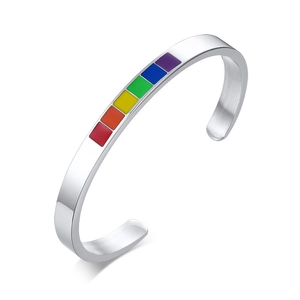 Polished stainless steel C-shaped open cuff bracelet featuring rainbow enamel squares