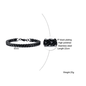 Bracelet pour homme en acier inoxydable noir IP 6mm, chaîne tressée finition poli brillant