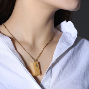 Gold bar cremation urn pendant necklace for women with sparkling cubic zirconia inlay