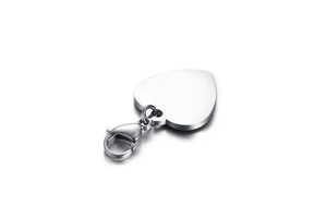 Close-up of polished stainless steel heart pendant with lobster clasp on white background