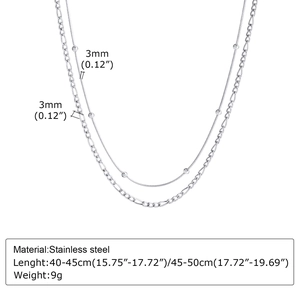 Detail of double-layer stainless steel Figaro and round bead snake chain necklace set