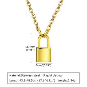 Gold stainless steel lock pendant necklace with dimensions and adjustable chain length
