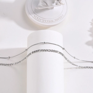 Double-layered stainless steel necklace set with round bead snake chain and Figaro link
