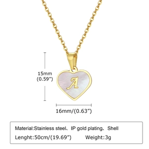 Gold stainless steel heart necklace with shell inlay and letter A pendant on white background