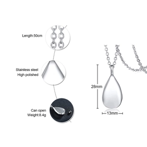 Teardrop cremation pendant in polished stainless steel with dimensions and 50cm chain