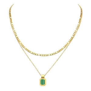 Double layered gold stainless steel necklace with green malachite pendant and figaro chain