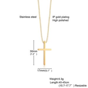 Gold stainless steel cross pendant necklace with box chain for women, 30mm x 17mm size
