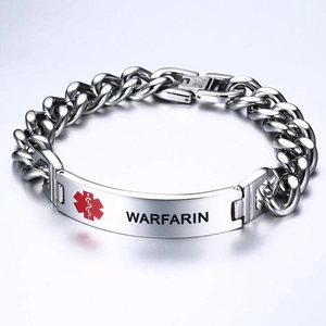 Bracelet d'alerte médicale 12mm en acier inoxydable pour homme avec gravure Warfarin