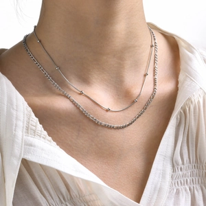 Minimalist double-layer stainless steel snake and Figaro chain necklace for women