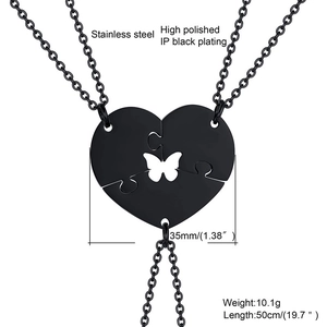 Set di 3 collane a puzzle a forma di cuore in acciaio inossidabile nero con farfalla