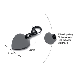 Polished heart pendant in IP black stainless steel with size measurements and clasp
