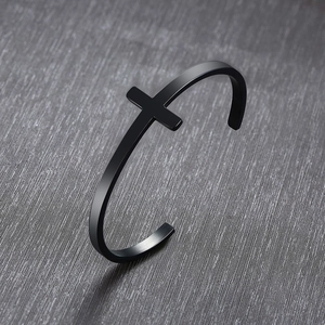 Minimalist black stainless steel cross open cuff bracelet with matte brushed texture