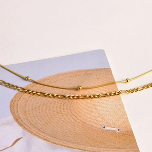 Close-up of gold layered necklace set with round beads and Figaro chain on card