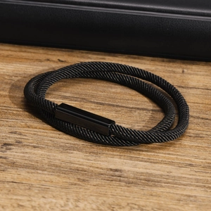 Double-layered black braided cable bracelet with square magnetic stainless steel clasp