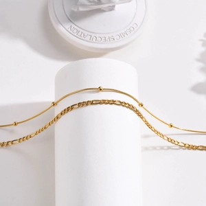 Women Stainless Steel Double Layered Necklace Figaro Chain With Beads Minimalist Silver Color Geometric Pendant Necklace Jewelry Gift