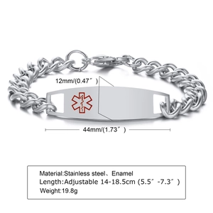 Vue détaillée du bracelet d'alerte médicale en acier inoxydable avec logo en émail rouge