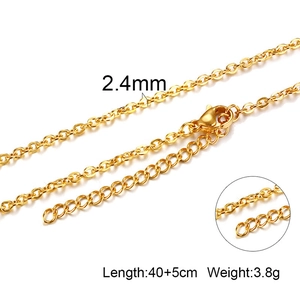 Macro detail of 2.4mm gold-plated stainless steel link chain with lobster clasp and extension