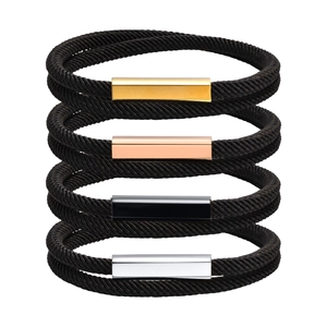 Set of four stainless steel magnetic square buckle black woven rope bracelets in multi-tones