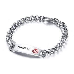 Détail du bracelet d'alerte médicale avec symbole rouge et gravure Épilepsie en acier