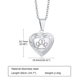 Detailed size chart for stainless steel heart locket with paw print and chain dimensions