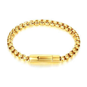 Polished gold stainless steel box chain bracelet with modern cylindrical clasp for men