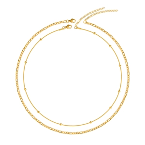 Double-layered golden stainless steel necklace set with Figaro chain and beaded snake chain