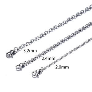 Polished stainless steel cable chains in 2.0mm, 2.4mm, and 3.2mm with lobster clasps