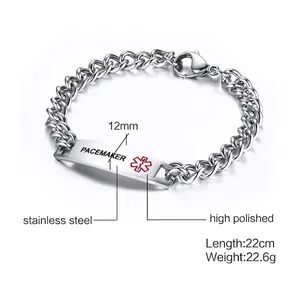 Bracelet d'alerte médicale en acier inoxydable 12mm pour homme avec emblème rouge