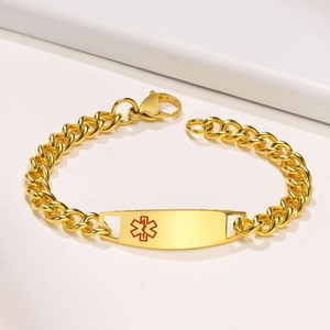 Détail du bracelet d'alerte médicale doré avec symbole Star of Life rouge sur plaque