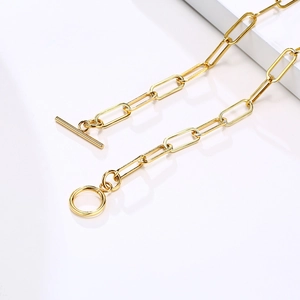 Detailed macro of gold paperclip chain necklace with a polished toggle OT clasp
