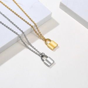 Polished stainless steel padlock pendant necklaces in gold and silver finishes