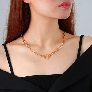 Close-up of gold paperclip chain necklace with OT toggle clasp worn by a model