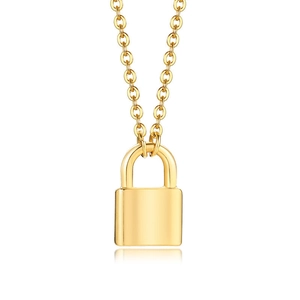 Polished gold padlock pendant necklace on a sleek chain with reflective white background