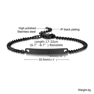 Bracelet chaîne d'identité ajustable en acier inoxydable noir avec finition polie et barre