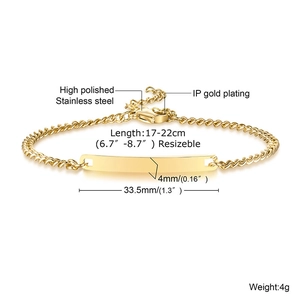 Détails du bracelet d'identité en acier inoxydable plaqué or avec longueur réglable